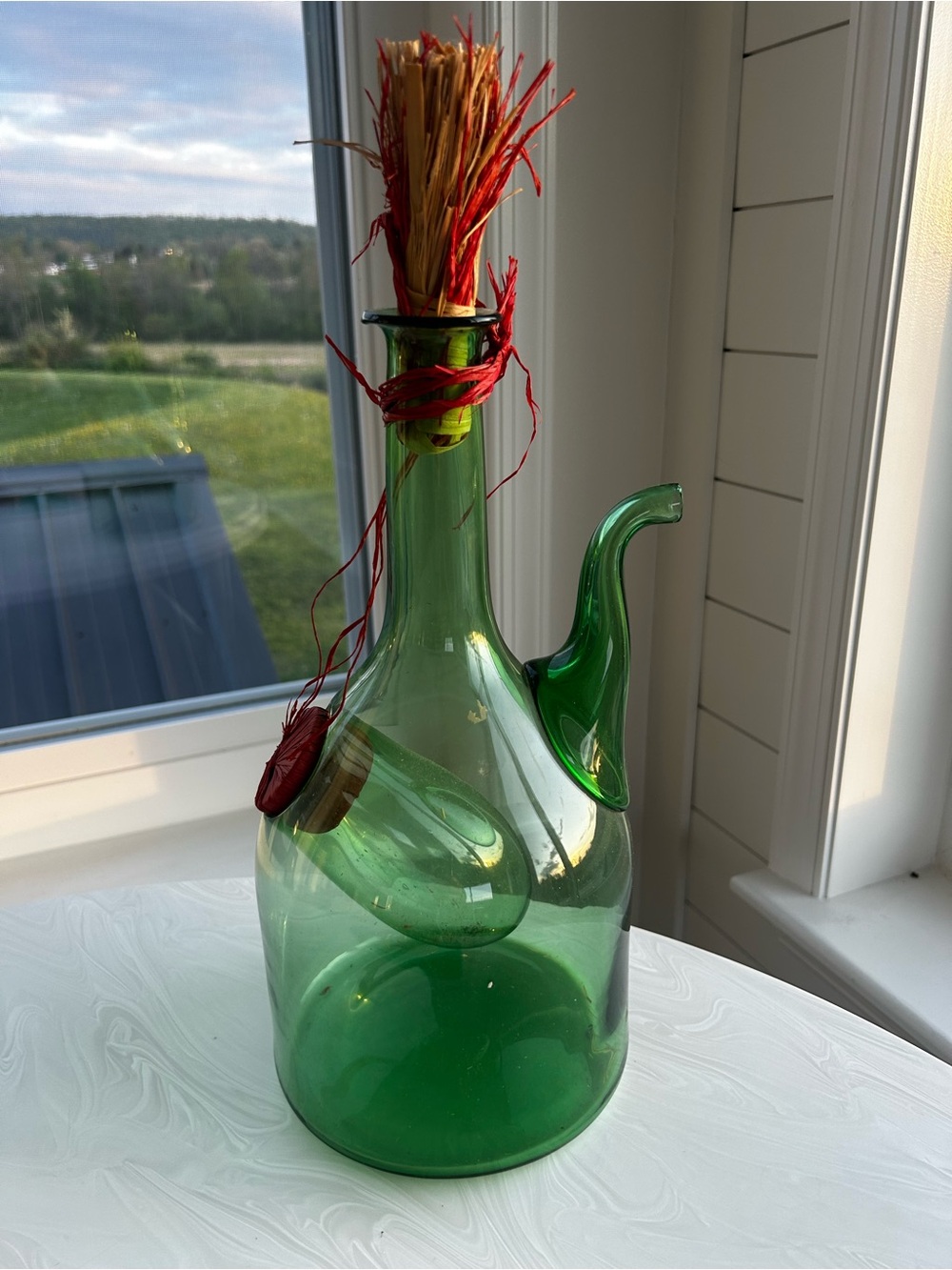 Vintage Italian Demijohn Green Glass Wine Decanter with Plugs and Ice Chamber